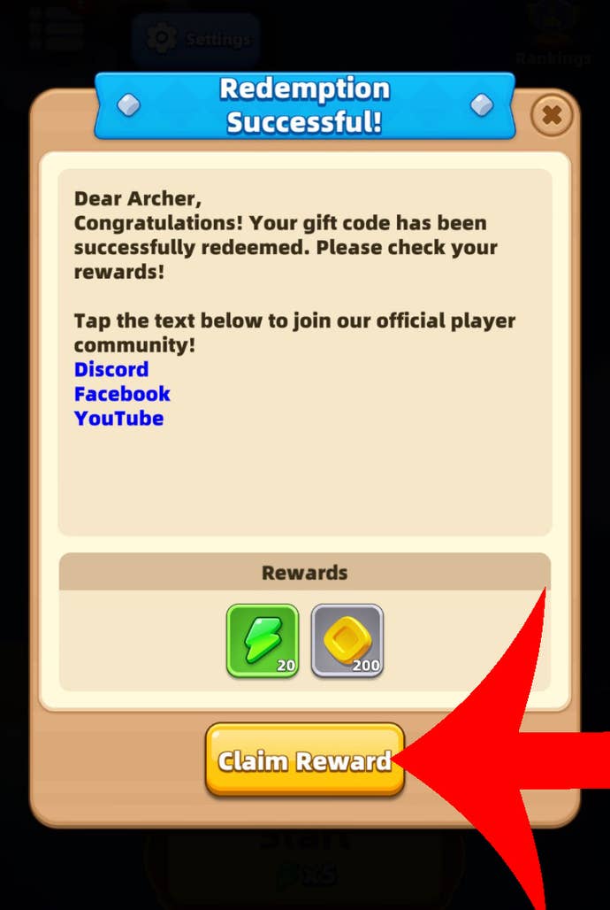 An arrow pointing at the Claim Reward button in Archero 2.