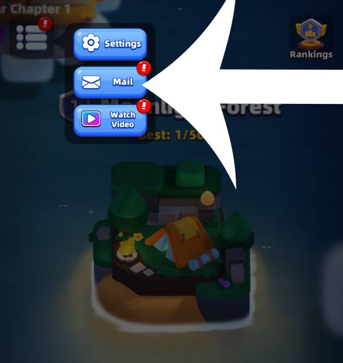 An arrow pointing at the Mail button in Archero 2.