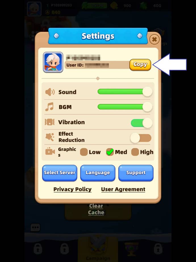 A screenshot of Archero 2 showing the game’s user ID copy button in the settings menu.