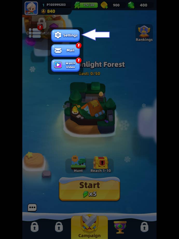 A screenshot of Archero 2 showing the game’s settings button.