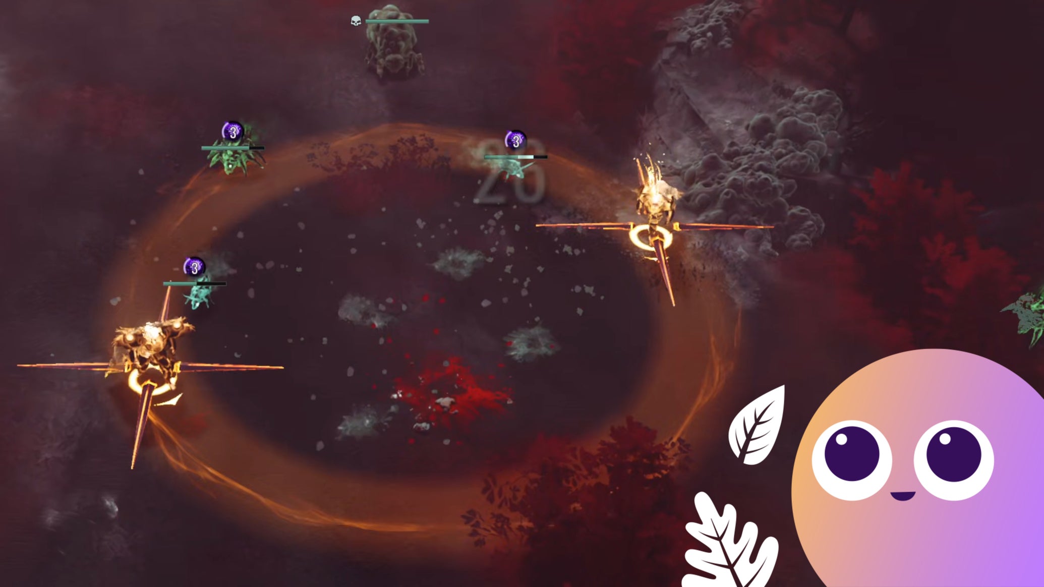 A screenshot from the Steam Next Fest demo of Archons, showing the two Archon characters conjuring a damaging golden halo between them to kill nearby enemies. - 1