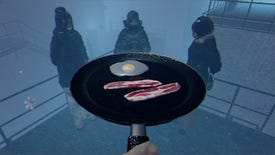 The player fries an egg and two slices of bacon while three people in coats watch in surreal sci-fi cooking sim Arctic Eggs