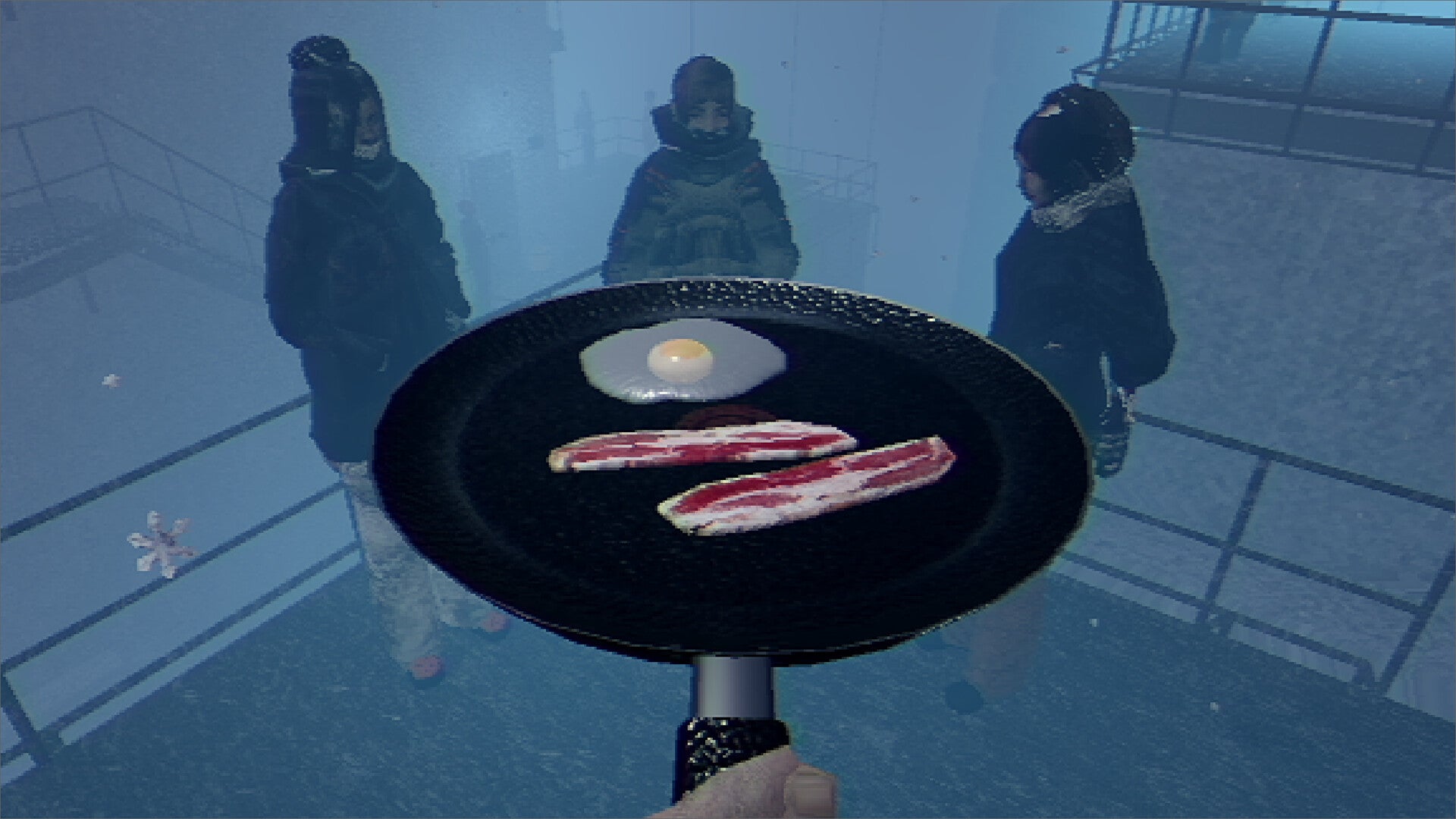 The player fries an egg and two slices of bacon while three people in coats watch in surreal sci-fi cooking sim Arctic Eggs - 1