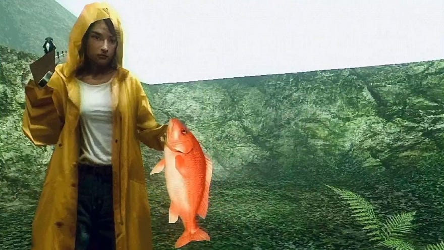 A fisherwoman in a yellow raincoat holds an orange fish in one hand and a fishing rod in another.