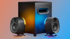 steelseries arena 7 pc speakers shown with rgb lighting on a coloured gradient background like good pc speakers