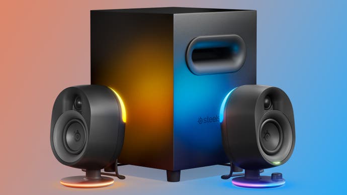 steelseries arena 7 pc speakers shown with rgb lighting on a coloured gradient background like good pc speakers