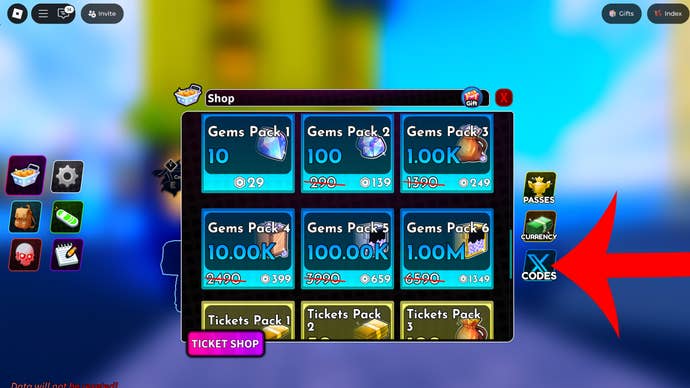 Arrow indicating the button for the Crossover codes.