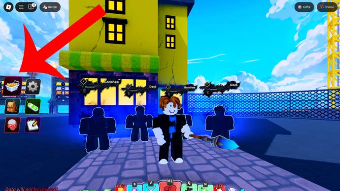 An arrow pointing at the shop button in the Roblox game Arise Crossover.