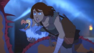 A shot from Ark: The Animated Series showing paleontologist protagonist Helena Walker frantically riding a dinosaur through the night while cradling an alarmed dodo in her hand.