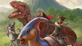 A character aims a bow at the viewer while riding on the back of a dinosaur in Ark: The Animated Series