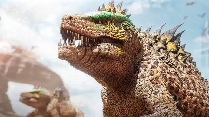 A screenshot from Ark: Survival Ascended showing a fasolasuchus traversing the desert-like Scorched Earth map.