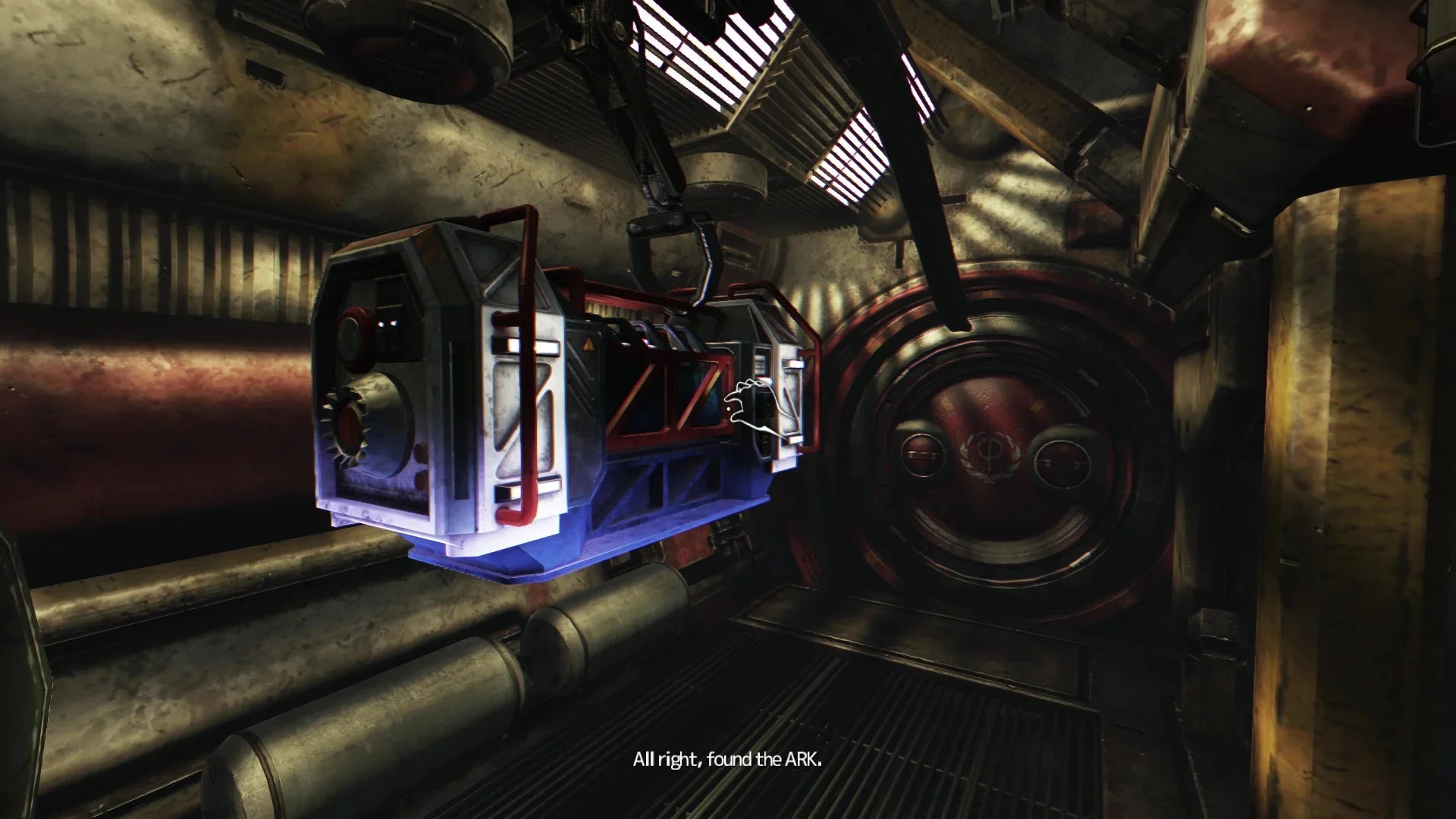 A high tech boxy storage drive, the ARK, hanging on a ceiling rail in an underwater facility from Soma.