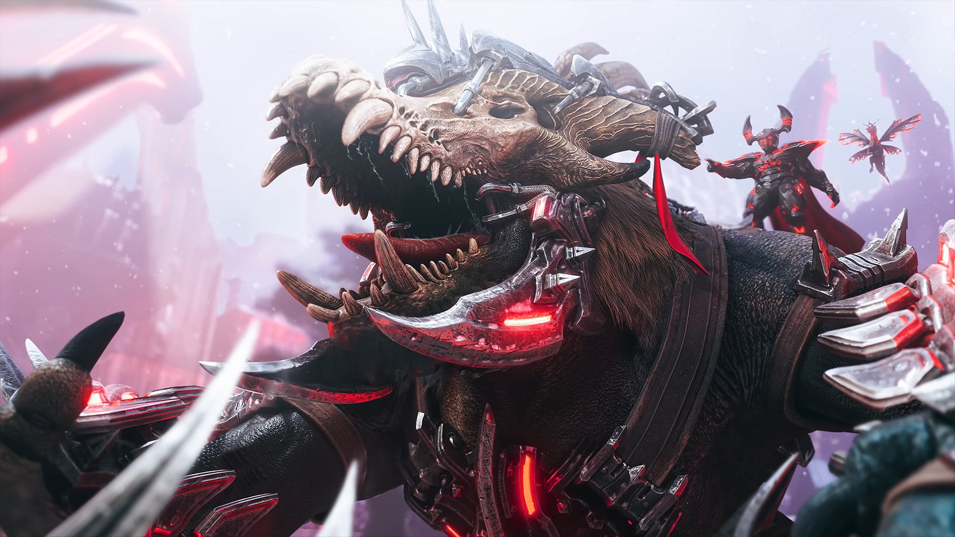 A machinery and bone covered, dinosaur-like beast is screaming, a person in evil-looking armour stood on top of it pointing in key art for Ark: Survival Ascended. - 1