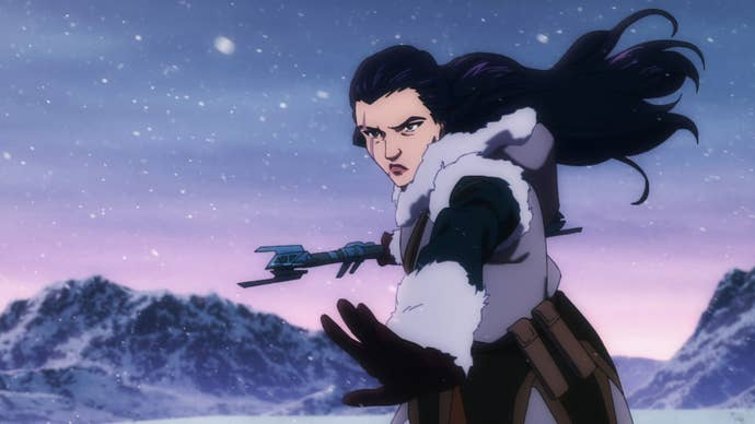 A woman with long hair wearing warm clothing, holding some kind of sci-fi staff in her hand, is posed ready to fight in an anime cutscene from Ark: Survival Ascended Lost Colony.