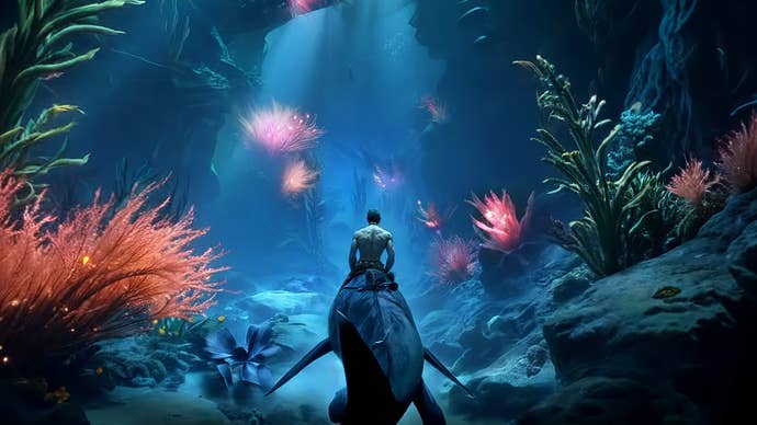 A shirtless man on a shirtless shark in the Ark Aquatica trailer.