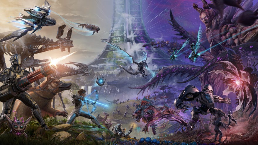 Ark: Survival Evolved Genesis Part 2’s key art, it’s colourful and spacey.