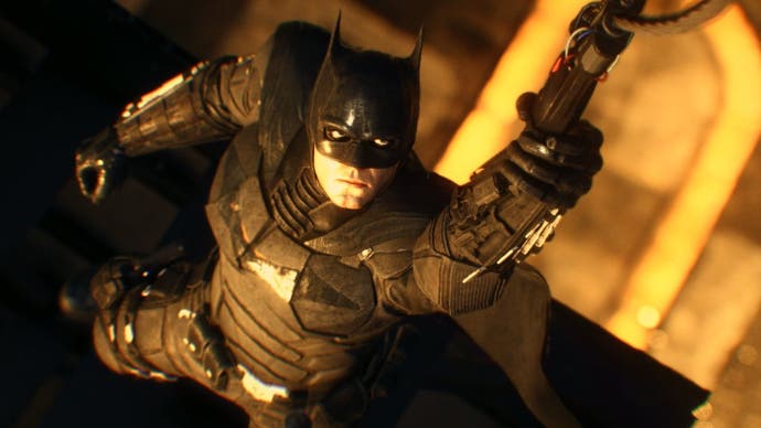 A scene from Batman: Arkham Knight with Batman wearing the Batsuit seen in last year's Robert Pattison movie.