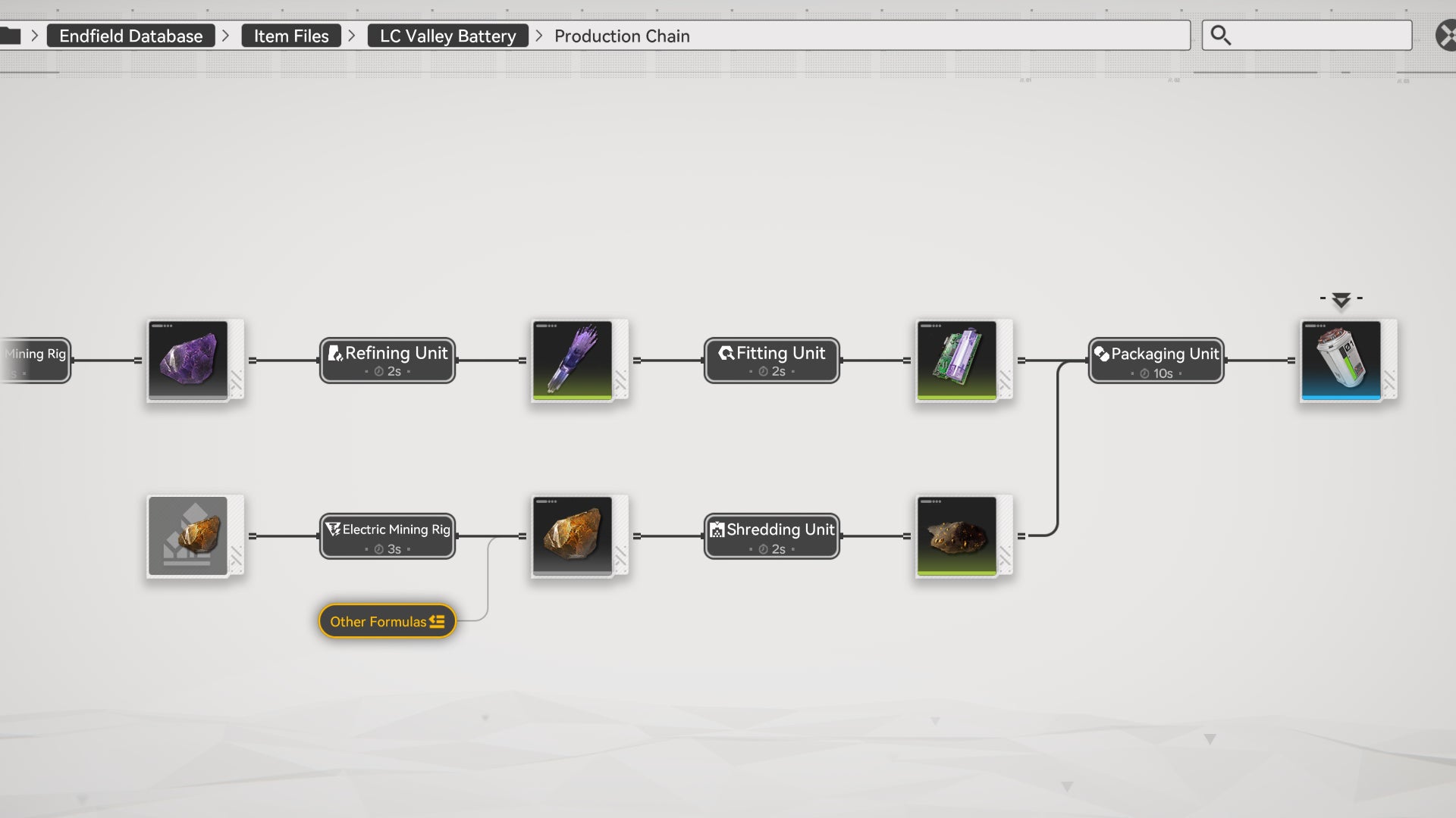 A screenshot of the in-game production chain recipe for LC Valley Batteries in Arknights: Endfield. - 8