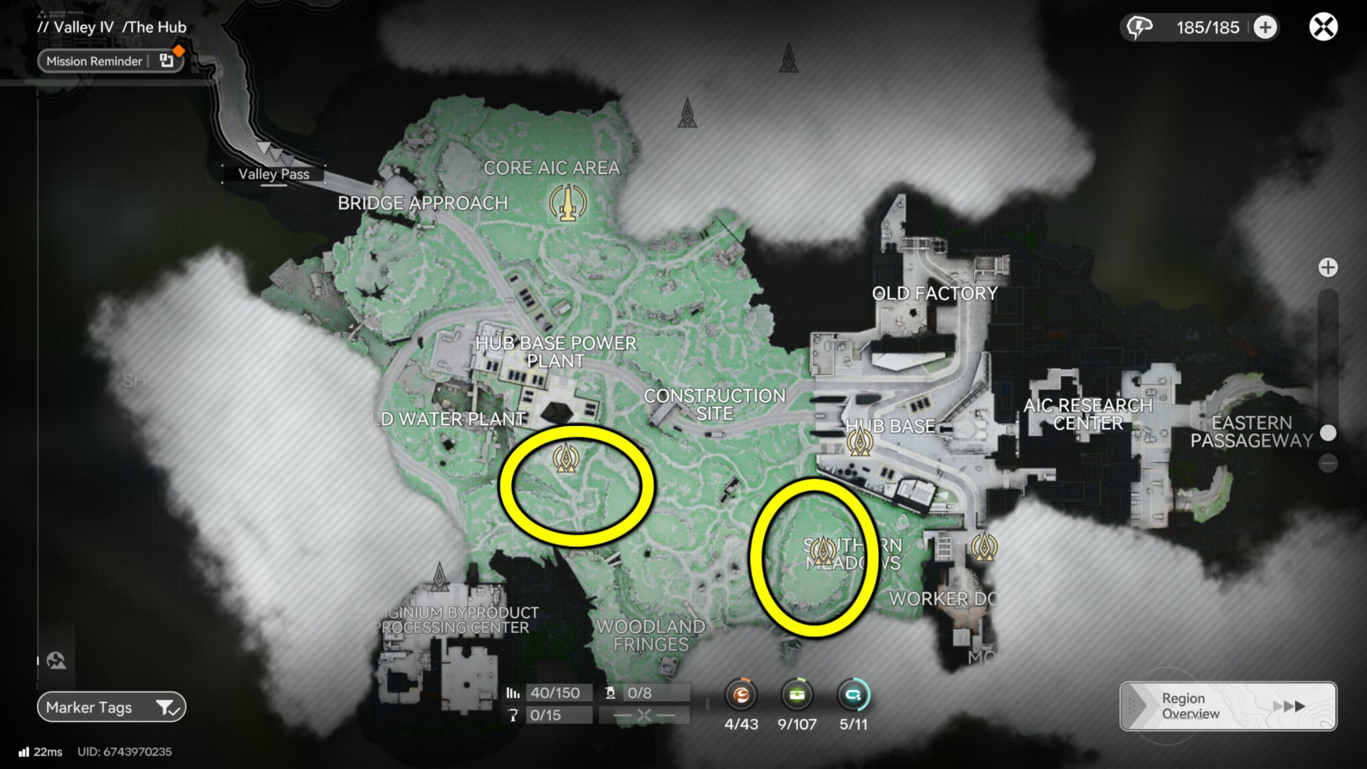 A screenshot of the Hub map from Arknights Endfield, featuring circled areas where the player can find Citrome trees. - 3
