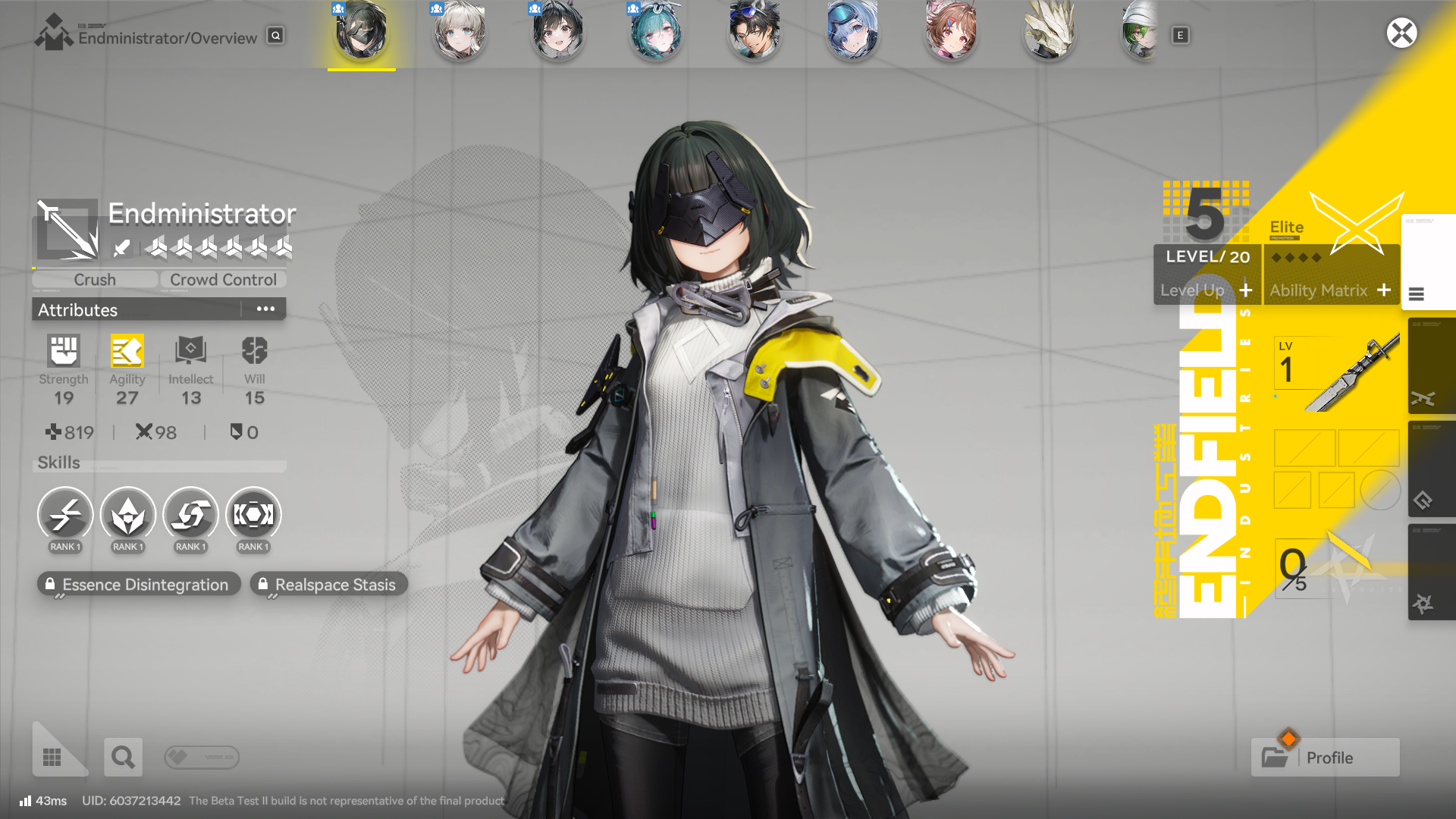 The female Endministrator variant from Arknights: Endfield on the abstract character selection screen. - 6