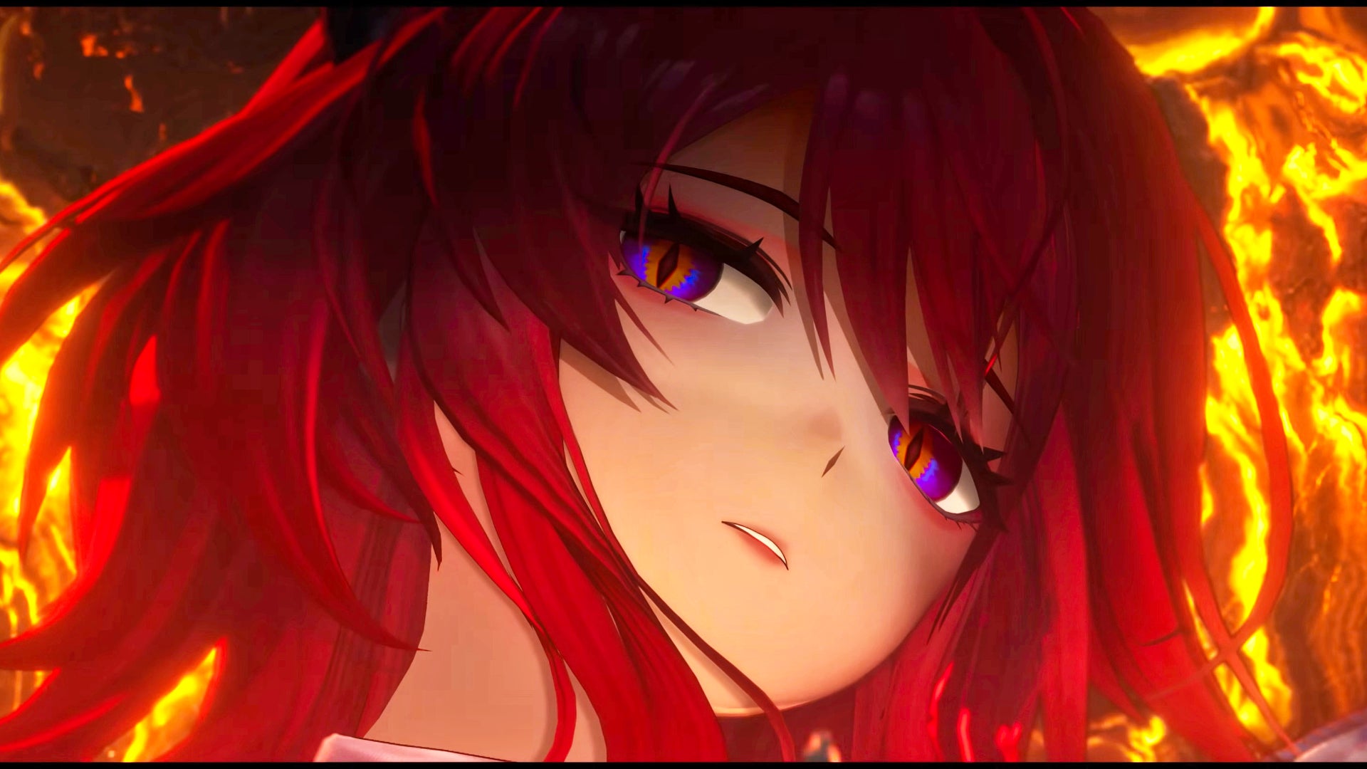 A close-up of the face of Laevatain, a red-headed Heat-based 6-Star Operator in Arknights: Endfield, and one of the best characters in the game's current meta. - 1