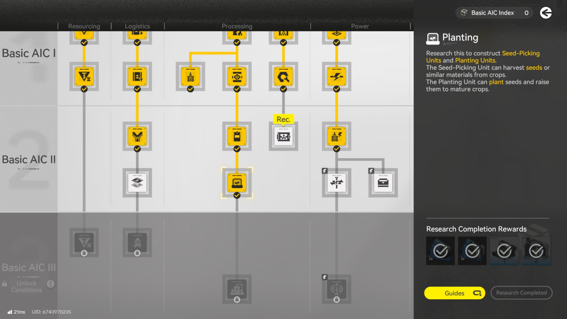 A screenshot from Arknights Endfield's tech tree, showing the entry for Planting, which provides the Seed-Picking Unit and the Planting Unit. - 5