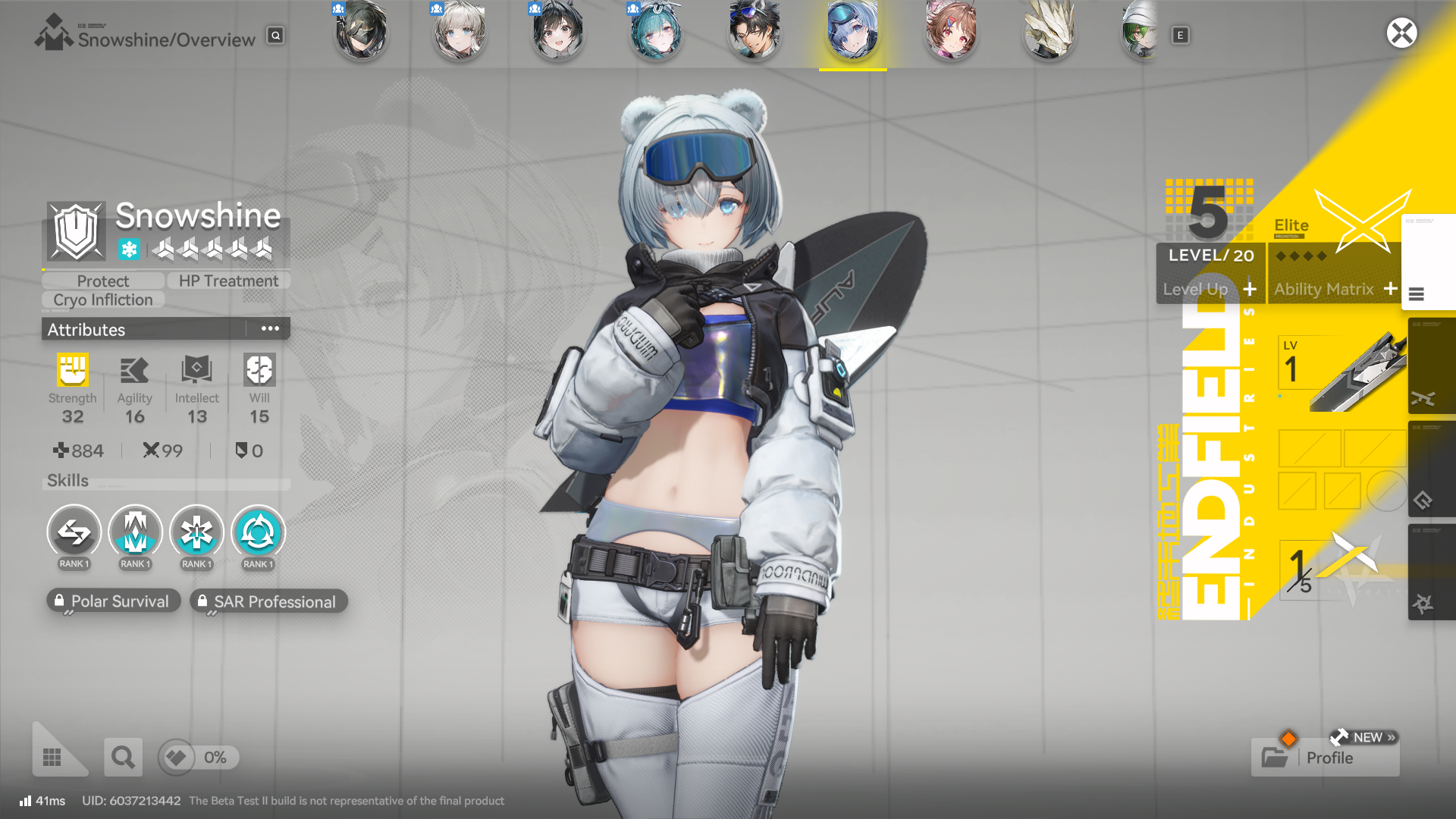 Snowshine from Arknights: Endfield, a young woman with small bear ears emerging from her hair and somehow dressed for snowboarding yet wearing an outfit that leaves her completely unprotected from the elements. - 14