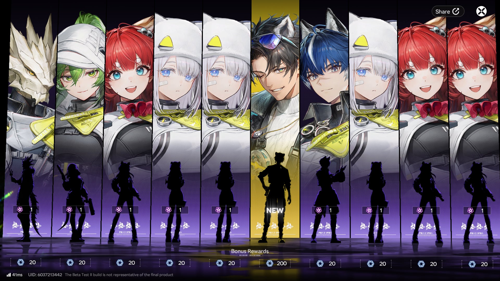A standard banner 10-pull in Arknights: Endfield shows the silhouettes of all characters plus their portraits in the background. (l-r): Antal, Flourite, Akekuri, Estella twice, Alesh (the only 5-star), Catcher, Estella again, and two more Akekuris. - 11