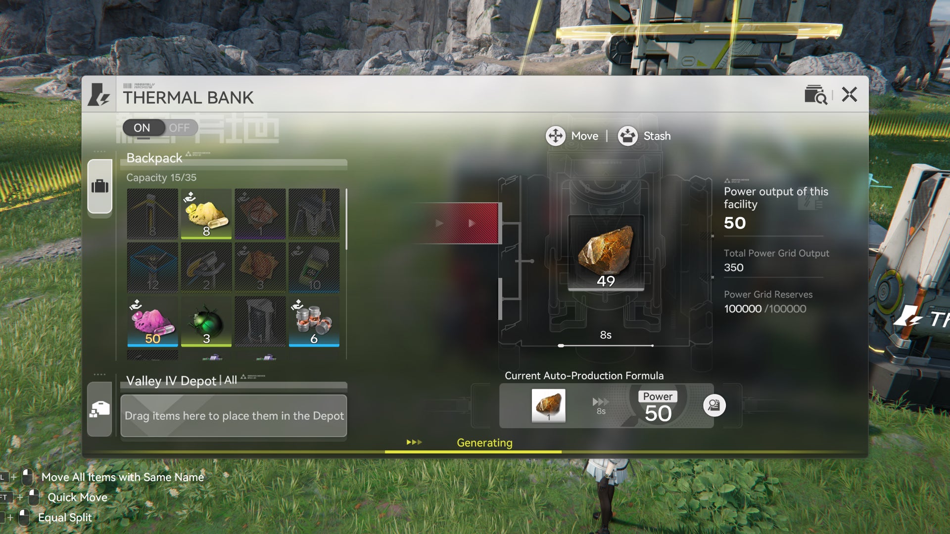 A screenshot of the Thermal Bank panel in Arknights: Endfield, showing the Thermal Bank burning Originium Ore to supply power to the base. - 7