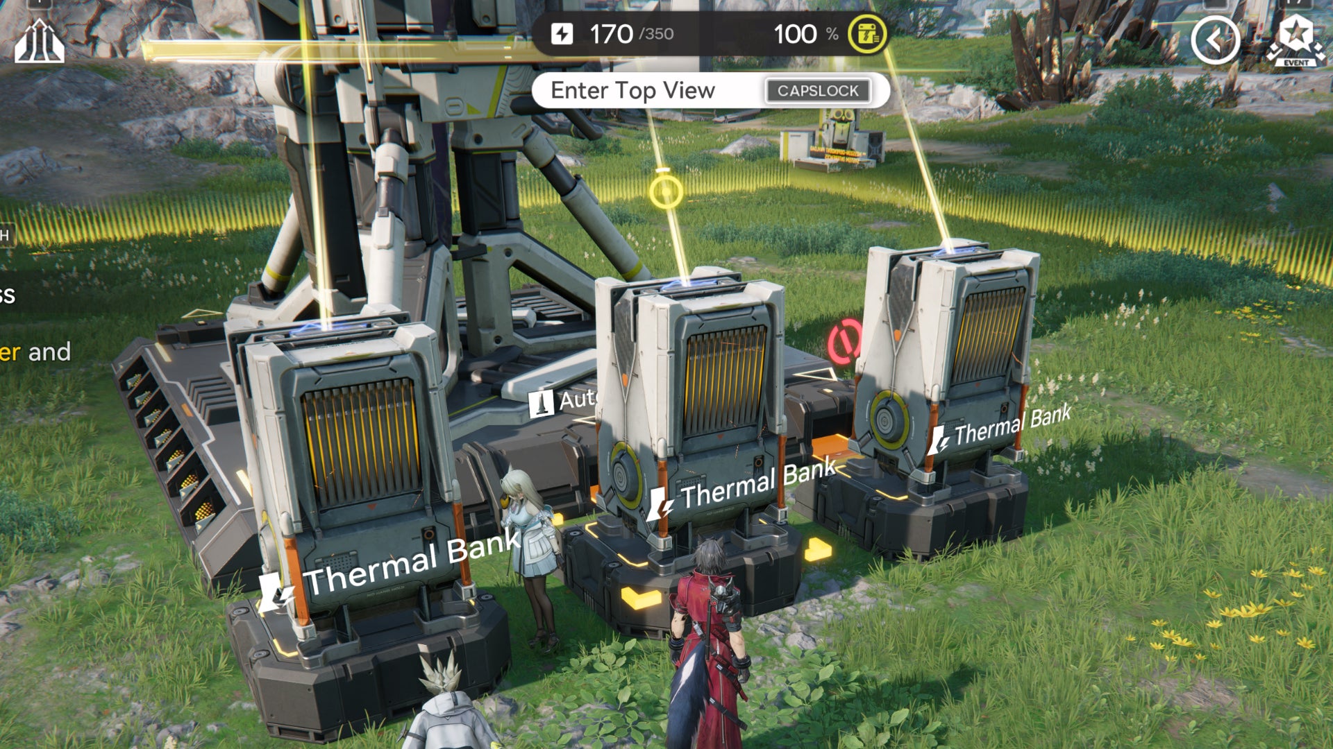 A trio of Thermal Banks next to a PAC in Arknights: Endfield, each supplied automatically by Originium Ore which they use as fuel to provide extra power to the factory. - 1