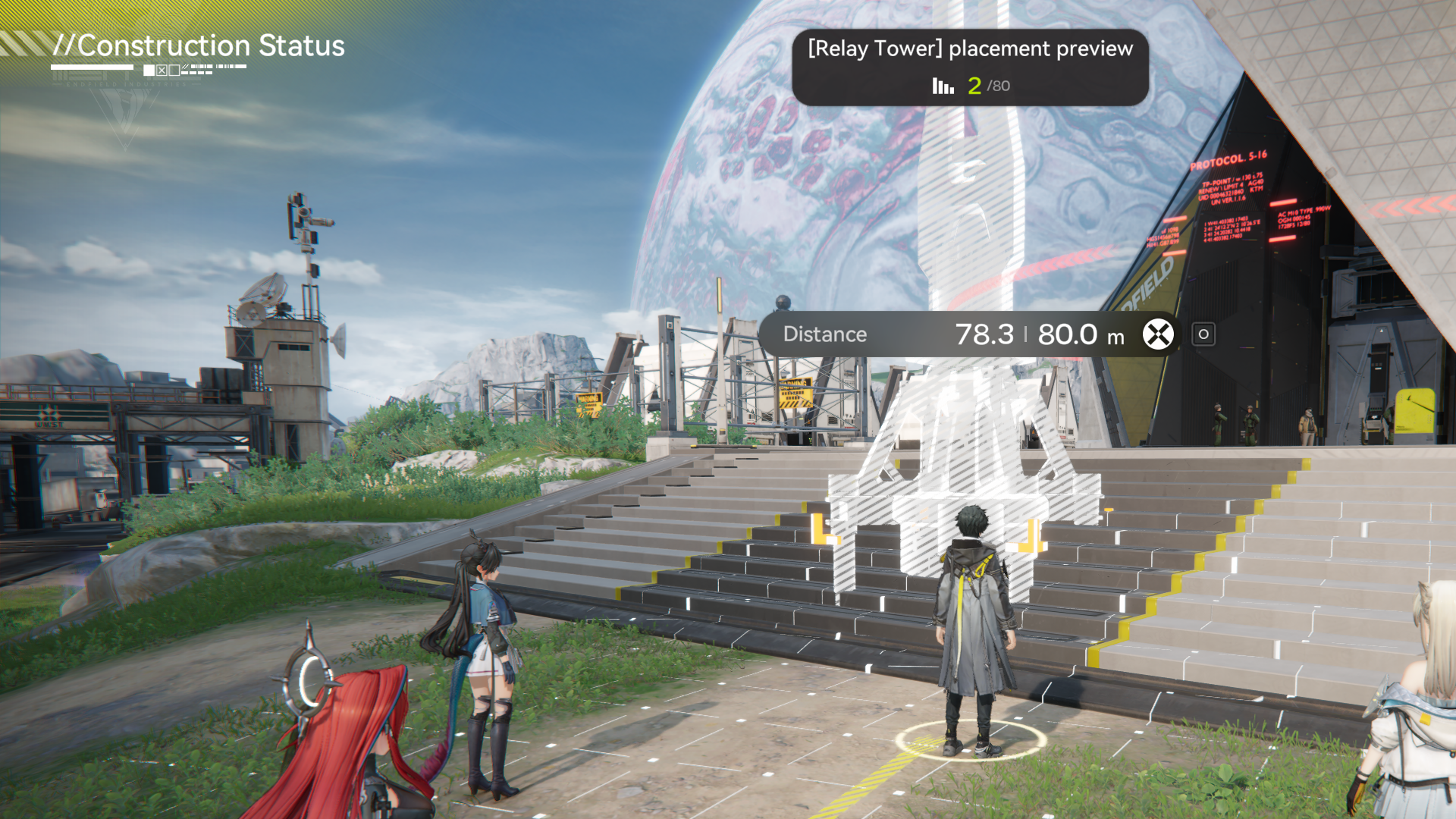 The Endministrator placing an electrical relay tower in Arknights Endfield. - 1