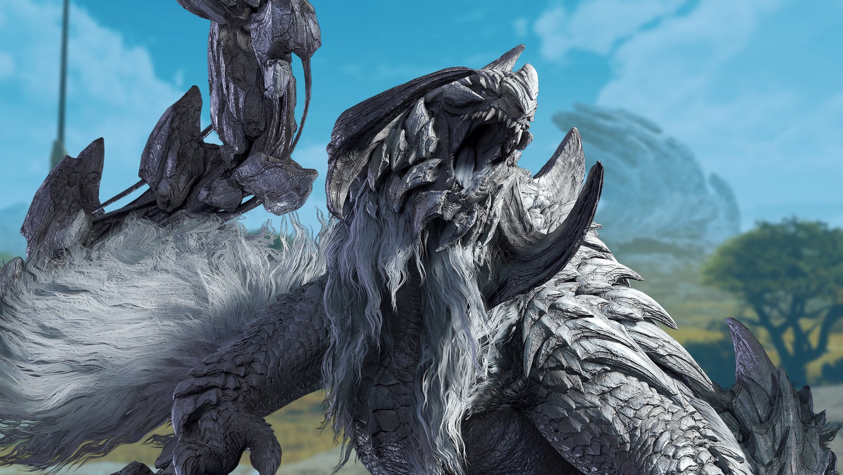 A furry, white monster with chains on its wings roars against a sunny-looking plain