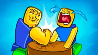 Two yellow characters having an arm wrestle, with one muscly character beating the other and making them cry.