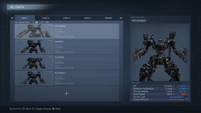 A screenshot of the AC Data screen in Armored Core 6, where the player has saved four mech loadouts.