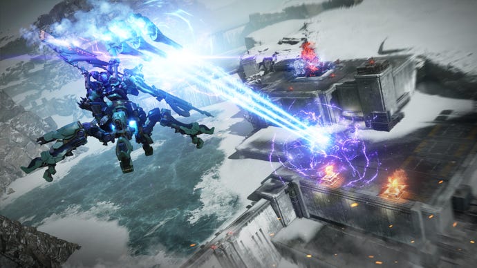 An AC fires a concentrated blue beam at a facility in Armored Core 6.