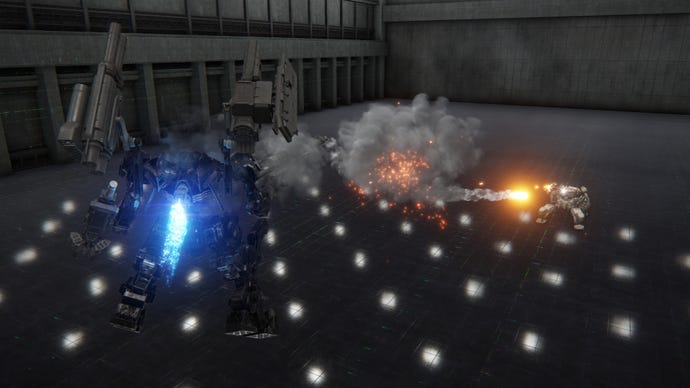 A flying AC mech fires a Detonating Bazooka shell at an enemy in Armored Core 6.