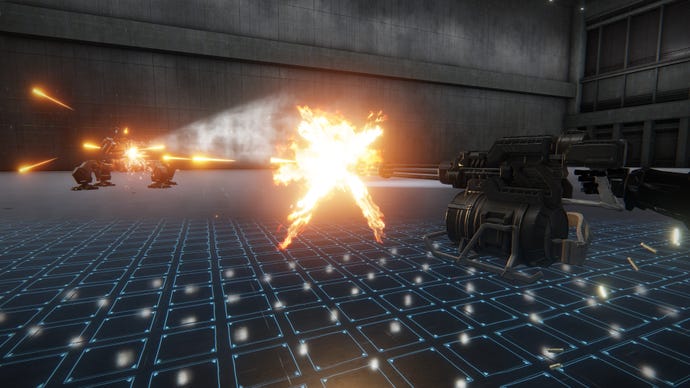 An AC mech's Gatling Gun fires a stream of bullets at an enemy mech in the training area of Armored Core 6.