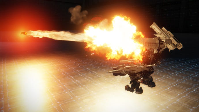 A side-on view of an AC firing a Grenade Cannon in Armored Core 6.