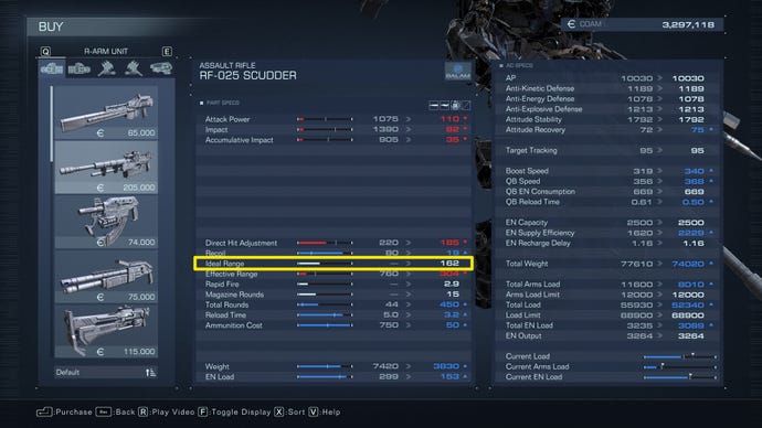 The stats screen of a weapon in Armored Core 6, with the Ideal range stat highlighted in yellow.