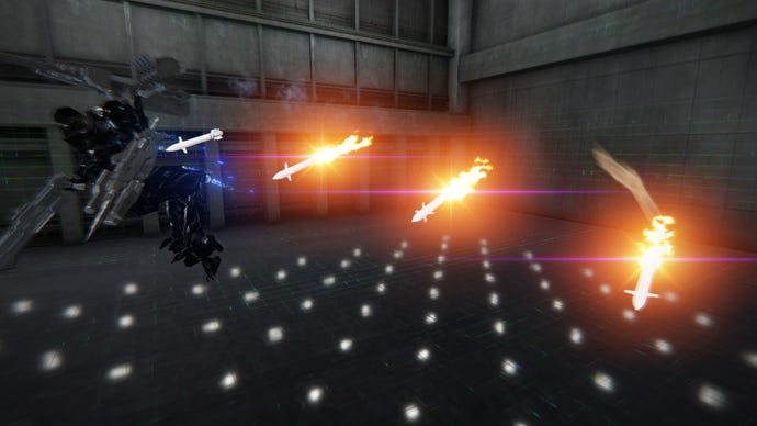 A flying AC mech fires four guided missiles towards a target in Armored Core 6.