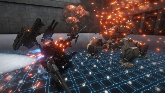 An AC uses a Pile Bunker to annihilate an enemy mech in the training area of Armored Core 6.