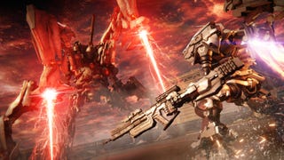 A huge mech with spider legs looms in the distance, as an AC glides towards it in Armored Core 6.