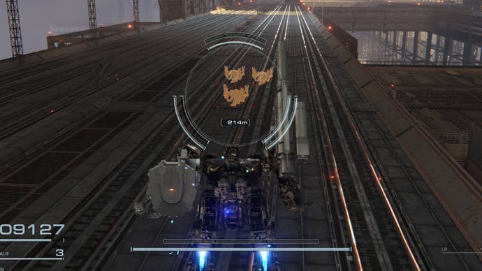 A mech in Armored Core 6 uses the scanner to highlight three enemy mechs through the floor.