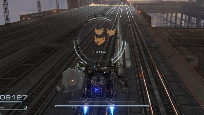 A mech in Armored Core 6 uses the scanner to highlight three enemy mechs through the floor.