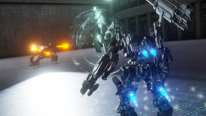A mech uses an energy shield to block an attack from an enemy mech in Armored Core 6.