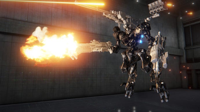 A flying AC mech fires a blast from its Zimmerman Shotgun in the training area of Armored Core 6.