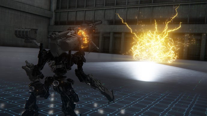 An AC mech fires a Stun Needle at an enemy in the training area of Armored Core 6.