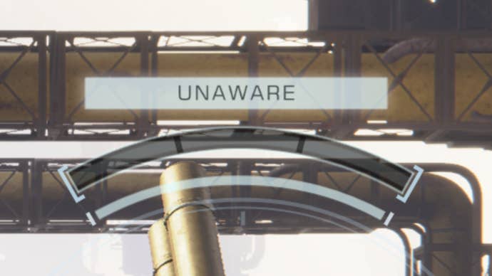 A close-up of part of the HUD in Armored Core 6 showing the word “Unaware” over an enemy’s head.