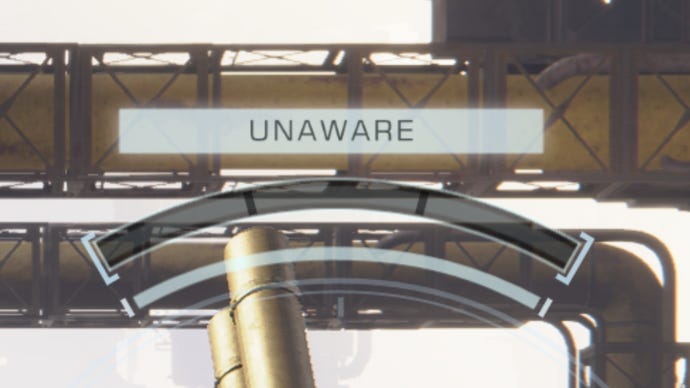 A close-up of part of the HUD in Armored Core 6 showing the word "Unaware" over an enemy's head.