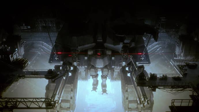 A mech is lowered into a opening bathed in light in Armored Core VI’s reveal trailer.